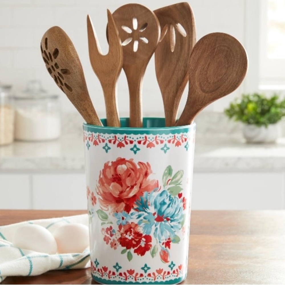 Pioneer woman gorgeous gardens 6 pcs Floral Utensil Holder Wooden Kitchen Tools